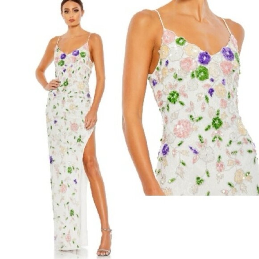 Mac Duggal NWT Embellished Lace Sleeveless Sequin Floral Gown White